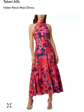 Tahari ASL Vibrant Pink and Blue Floral Halter-Neck Maxi Dress